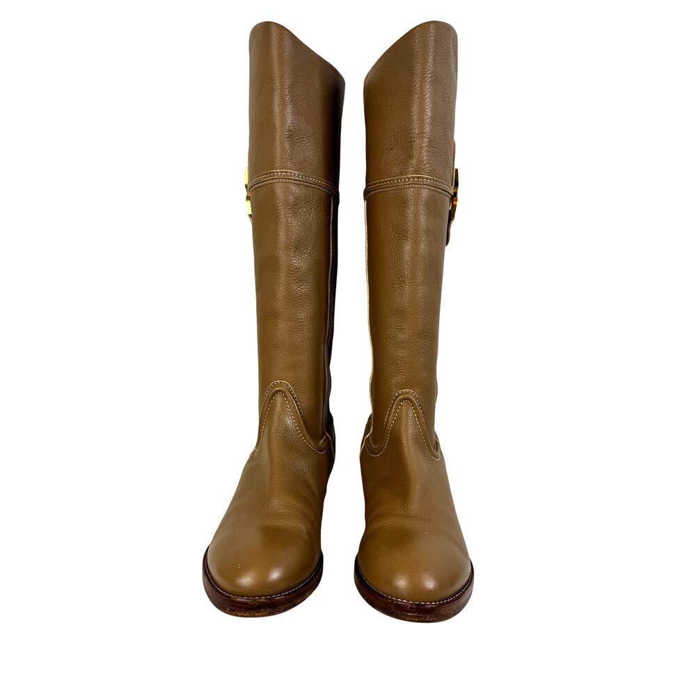 Chloe Riding Boots Tan Leather Buckle Round Toe Slip On Womens 39.5 9.5